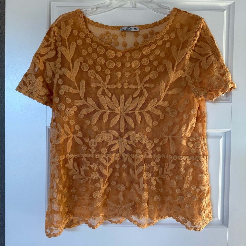 Zara Women’s Orange Mustard Embroidered Tulle Floral Blouse - Picture 8 of 11